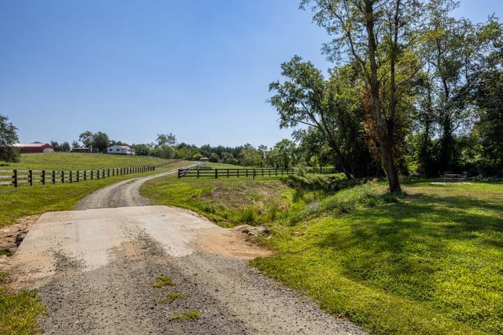 Gravel farm road winding past fenced pasture