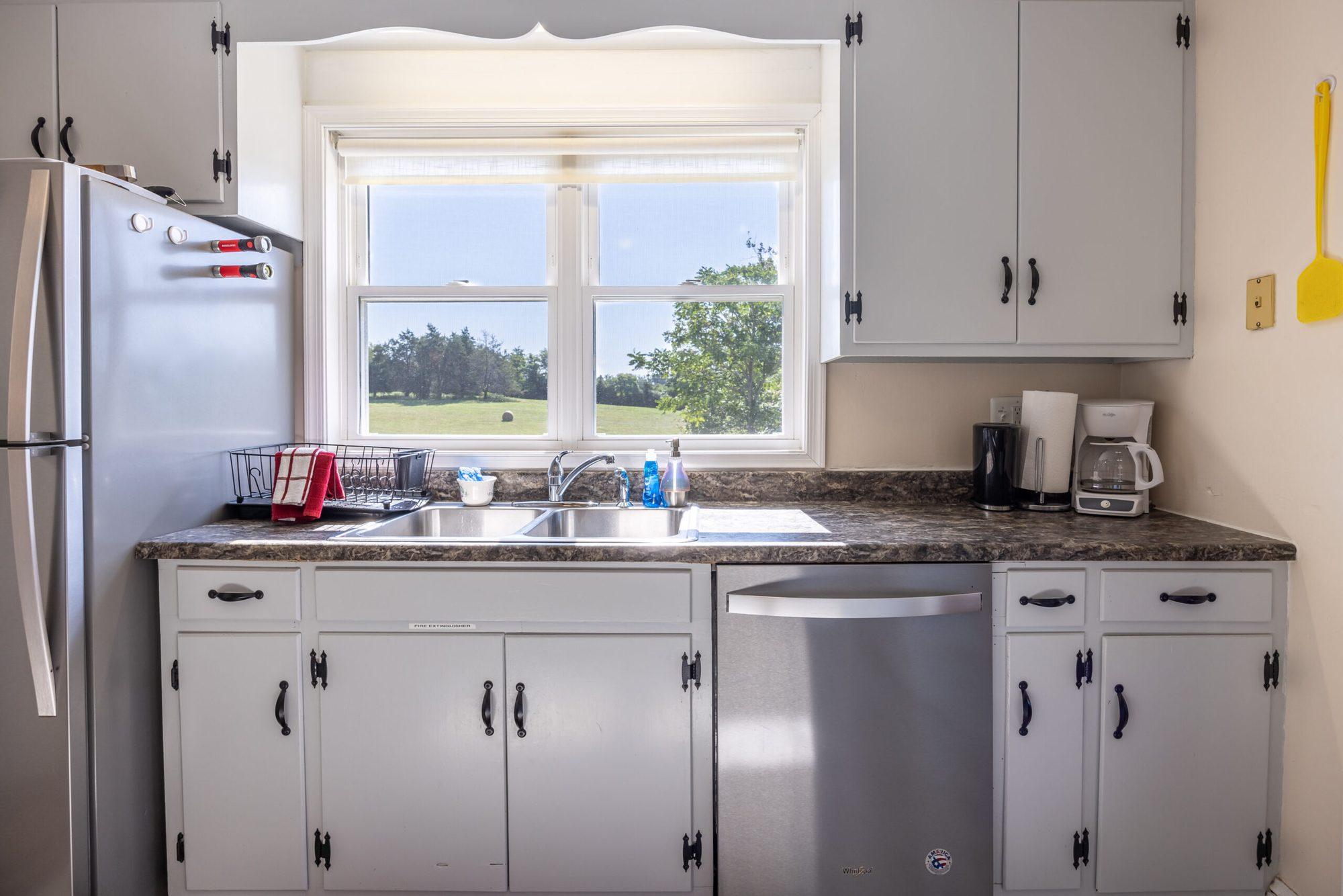 Kitchen sink under a window overlooking the fields