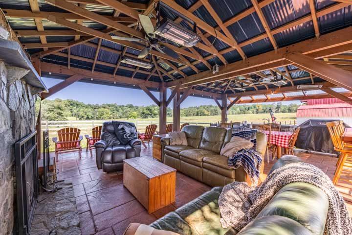 Pavilion lounge seating facing the stone fireplace